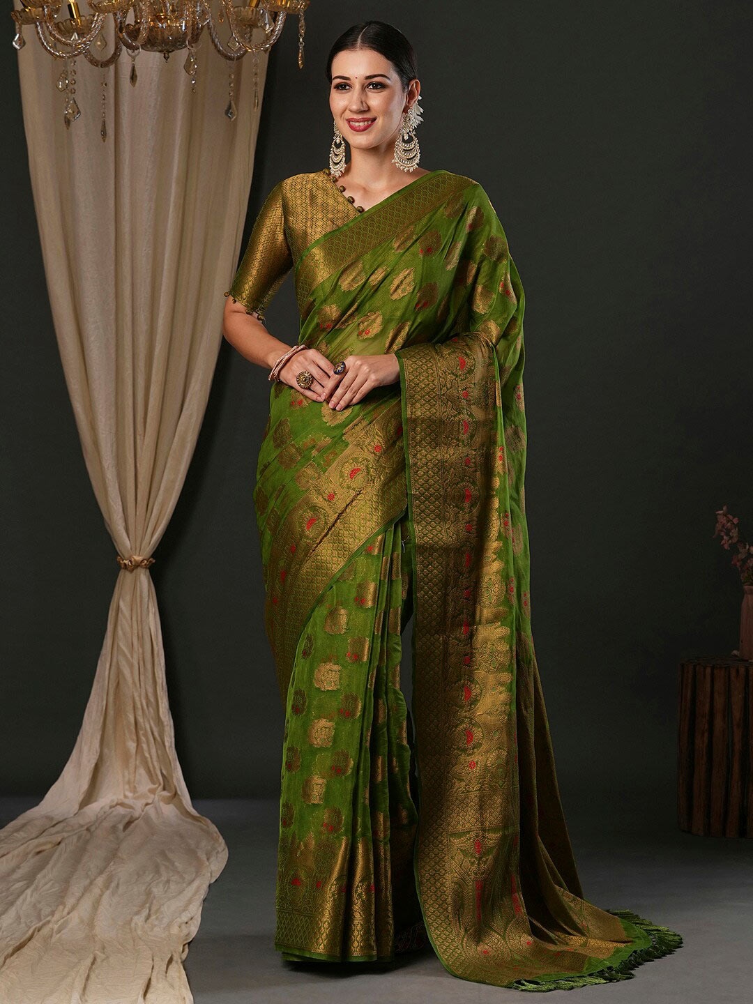 

Anouk Ethnic Motifs Woven Design Organza Banarasi Saree, Olive