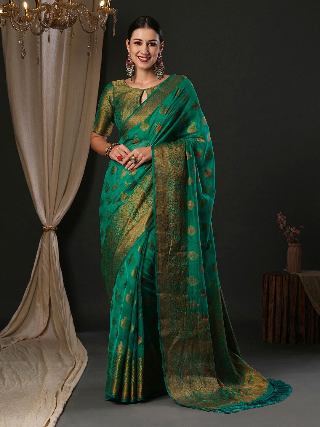 

Anouk Ethnic Motifs Woven Design Organza Banarasi Saree, Teal
