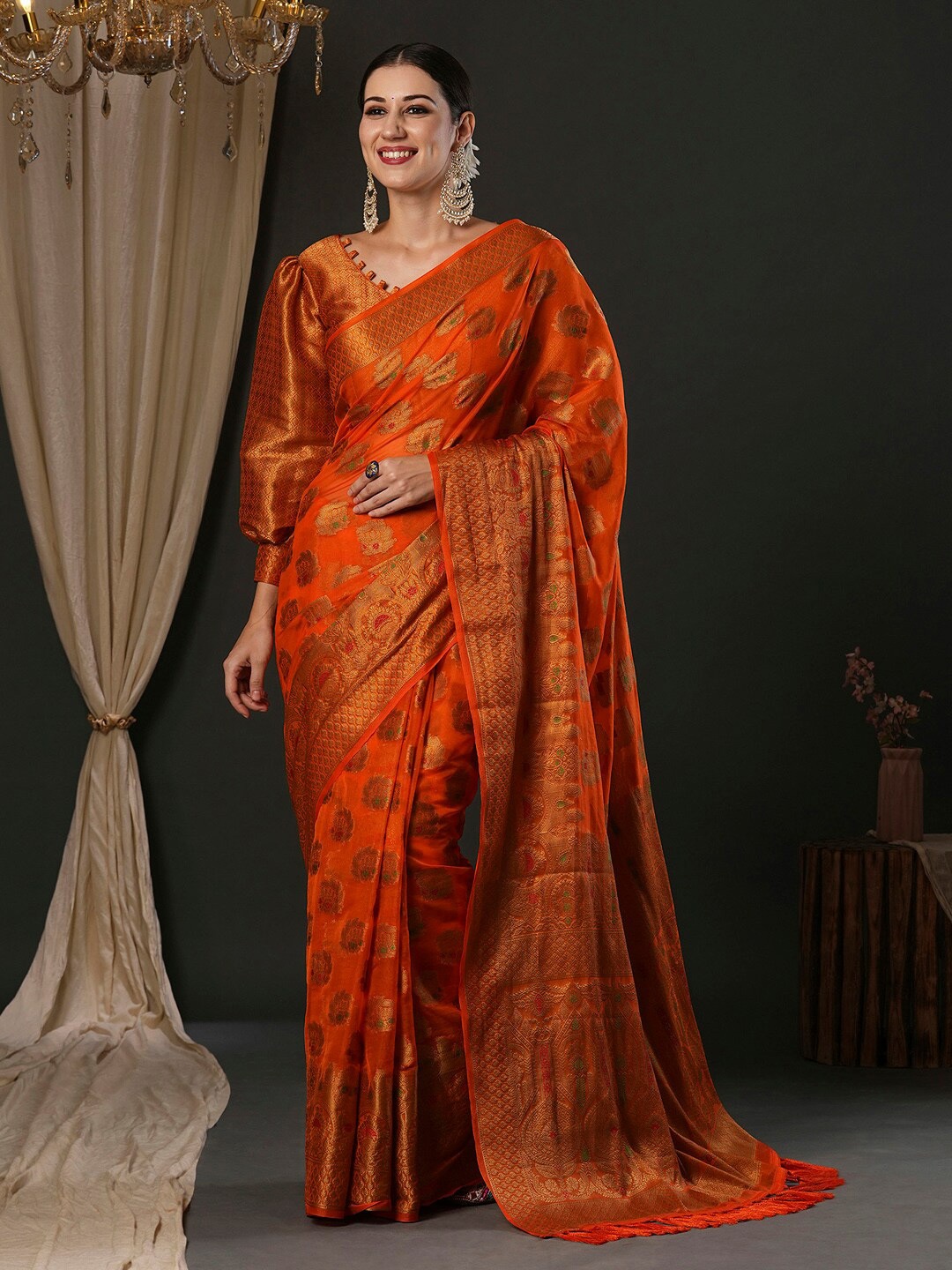 

Anouk Ethnic Motifs Woven Design Organza Banarasi Saree, Orange