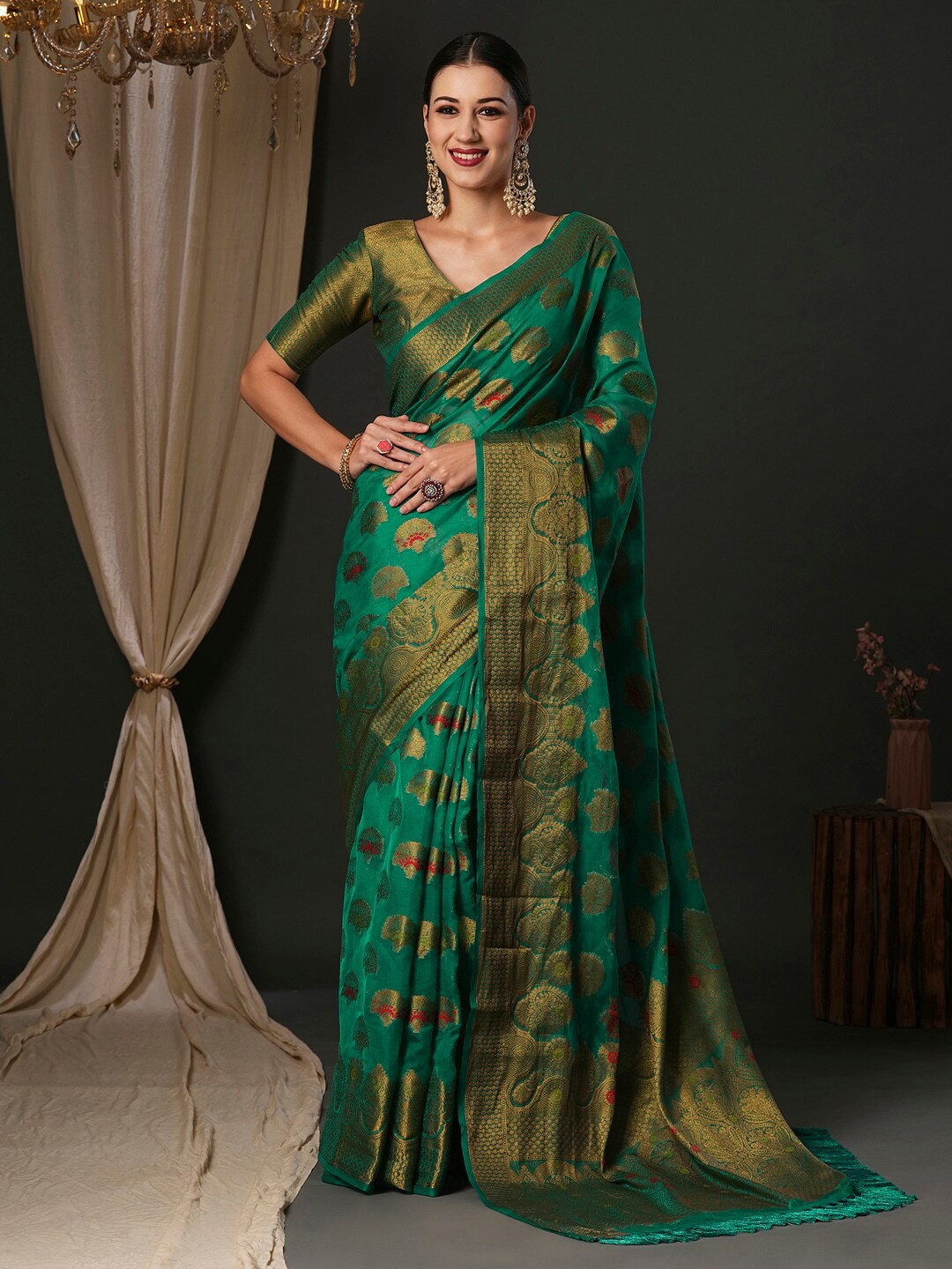 

Anouk Ethnic Motifs Woven Design Organza Banarasi Saree, Teal
