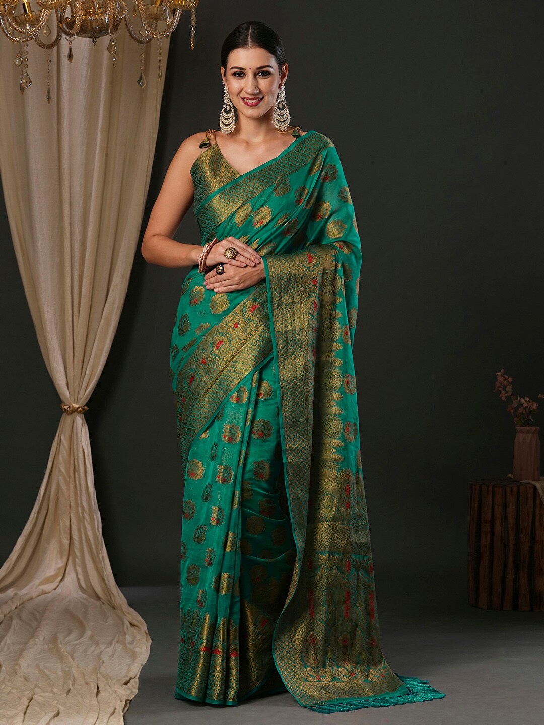 

Anouk Ethnic Motifs Woven Design Organza Banarasi Saree, Teal