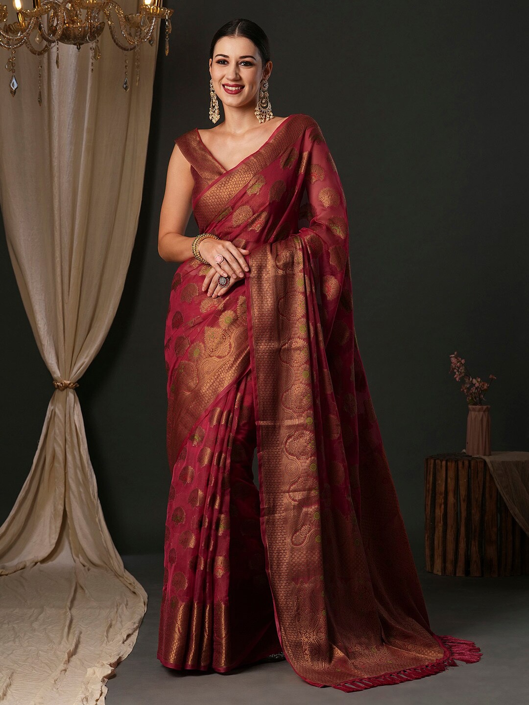 

Anouk Pink Ethnic Motifs Woven Design Zari Organza Banarasi Saree