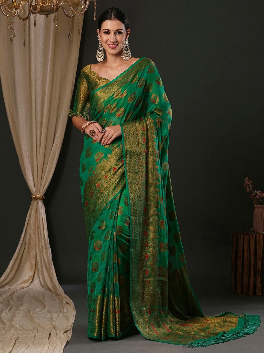 

Anouk Teal Green Ethnic Motifs Woven Design Zari Organza Banarasi Saree