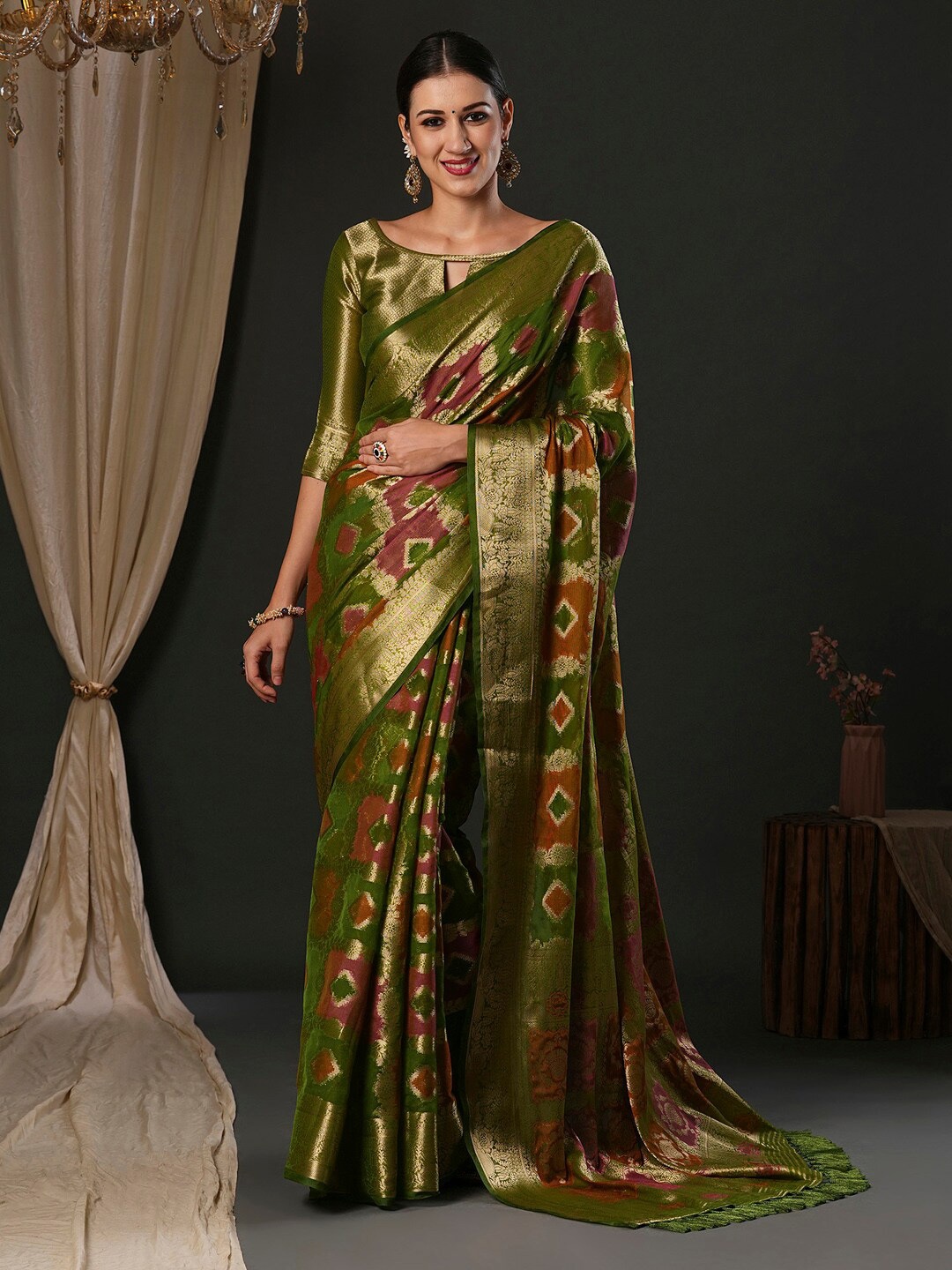 

Anouk Olive Green Ethnic Motifs Woven Design Zari Organza Banarasi Saree