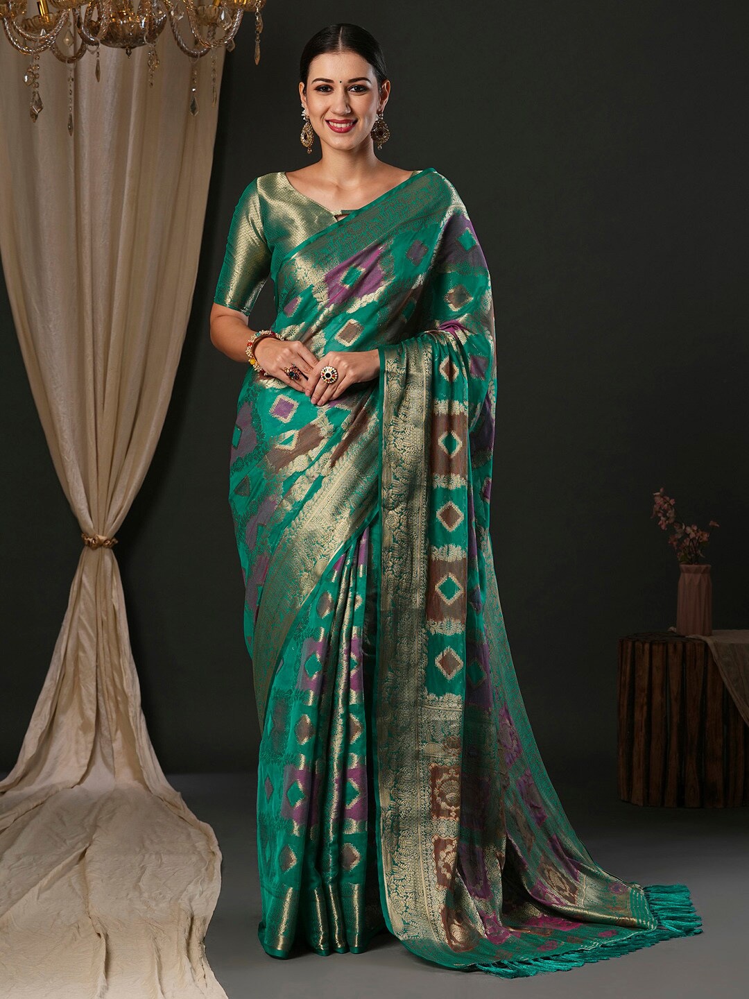 

Anouk Ethnic Motifs Woven Design Organza Banarasi Saree, Blue