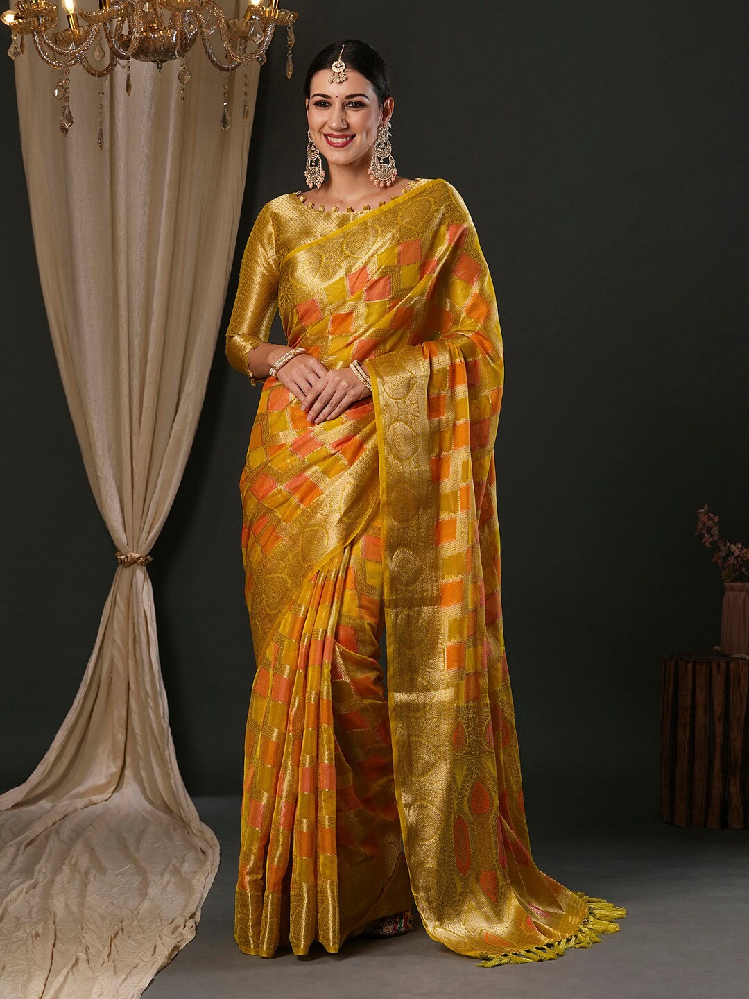 

Anouk Yellow Ethnic Motifs Woven Design Zari Organza Banarasi Saree