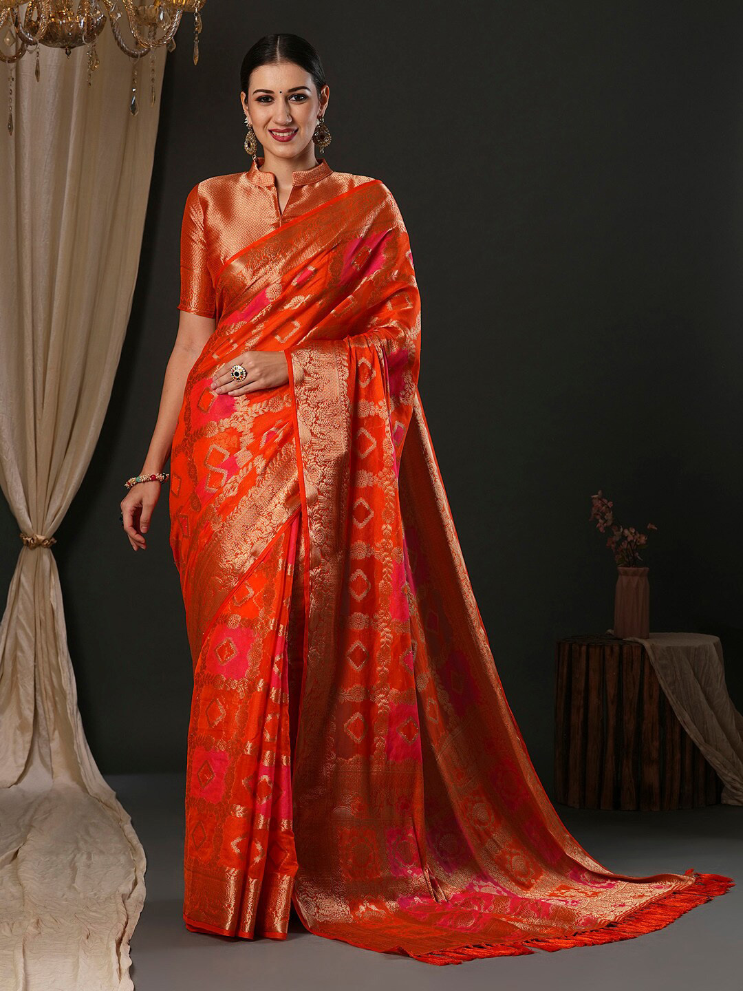 

Anouk Ethnic Motifs Woven Design Organza Banarasi Saree, Orange