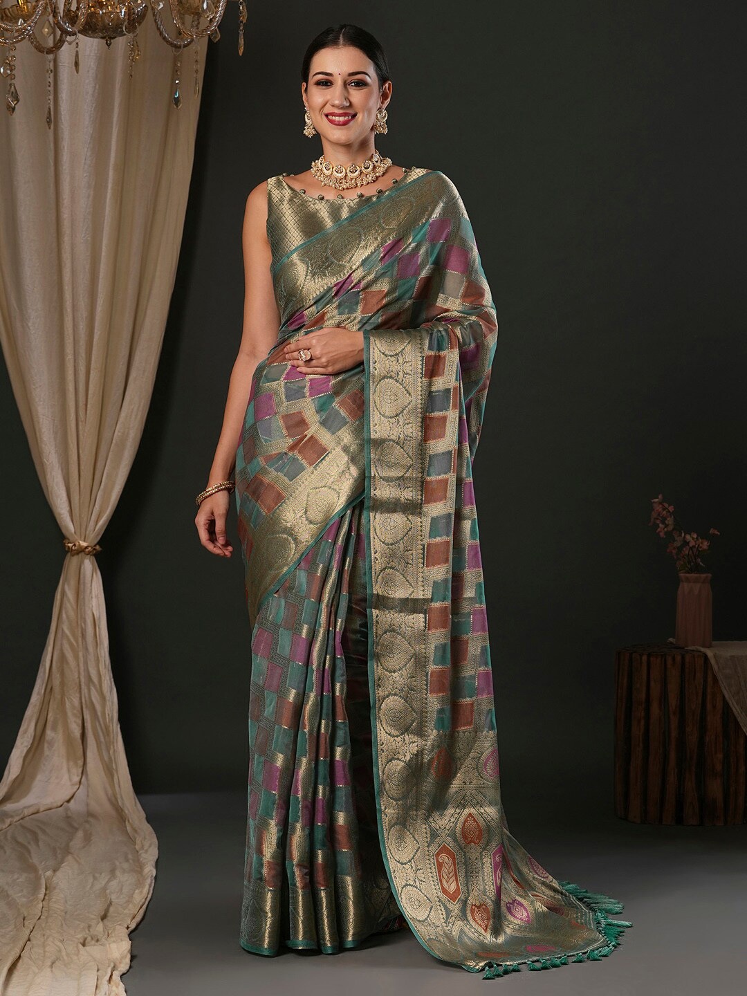

Anouk Sea Green Ethnic Motifs Woven Design Zari Organza Banarasi Saree
