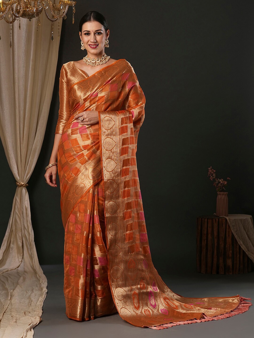 

Anouk Ethnic Motifs Woven Design Organza Banarasi Saree, Orange