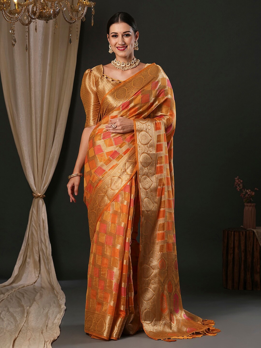 

Anouk Orange Ethnic Motifs Woven Design Zari Organza Banarasi Saree