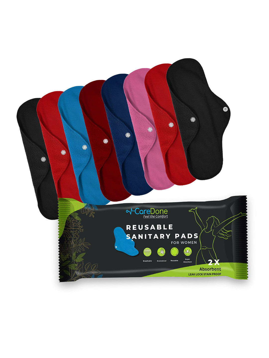

CareDone Set Of 8 Reusable Very Absorbent Cloth Sanitary Pads, Blue