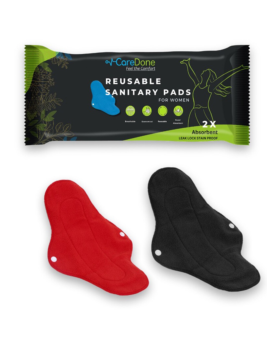 

CareDone Set Of 2 Reusable Very Absorbent Cloth Sanitary Pads, Red
