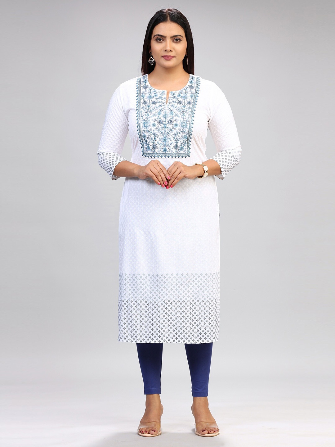 

COTTON CULTURE Yoke Design Floral Printed Straight Kurta, White