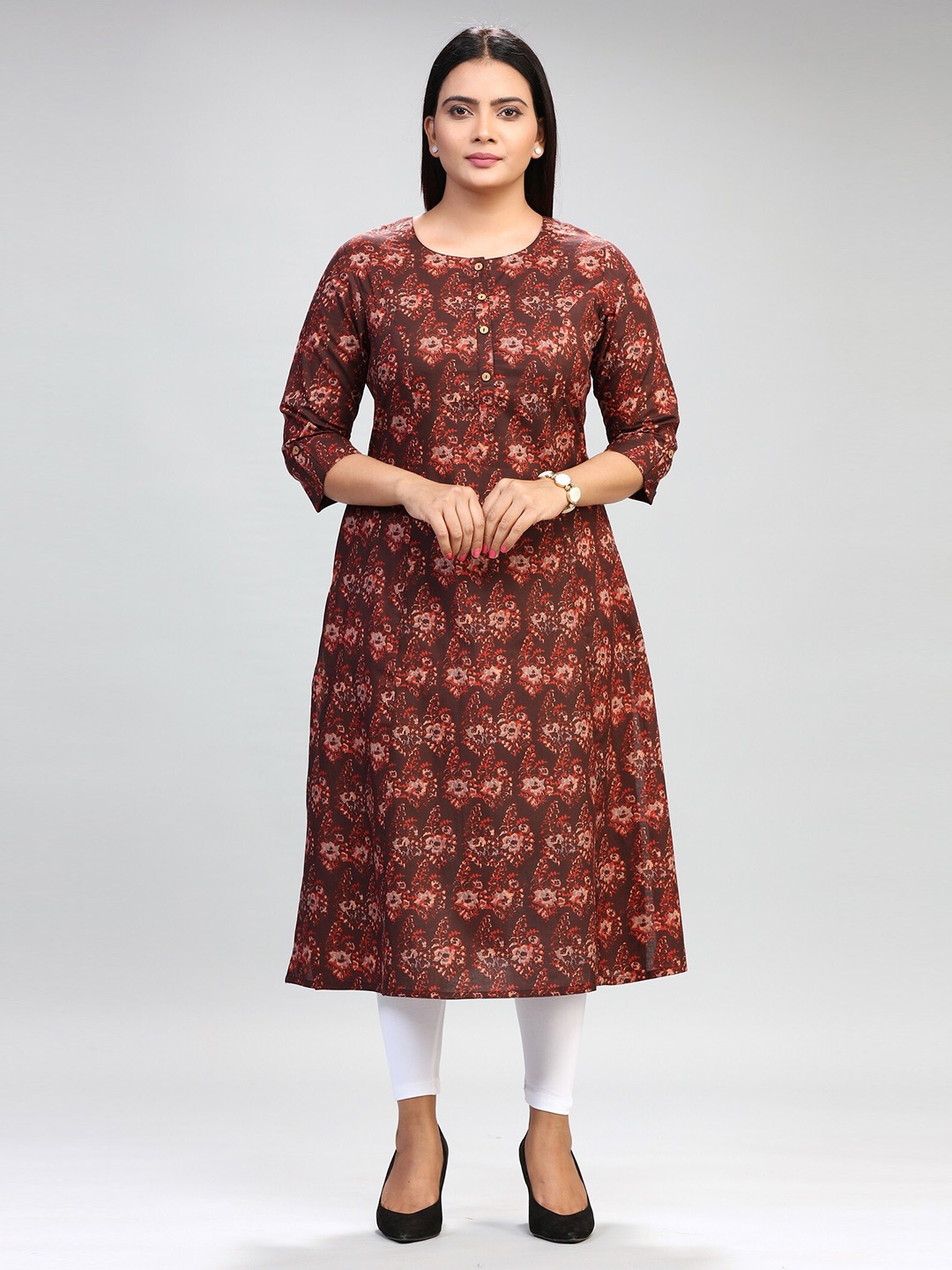 

COTTON CULTURE Floral Printed Cotton A-Line Kurta, Rust