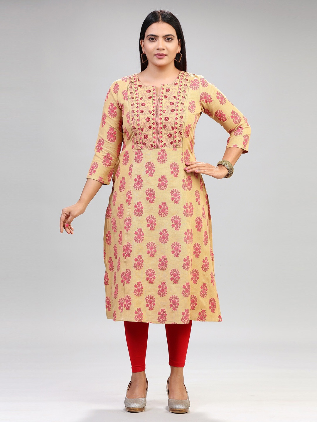 

COTTON CULTURE Embroidered Cotton Round Neck Straight Kurta, Beige