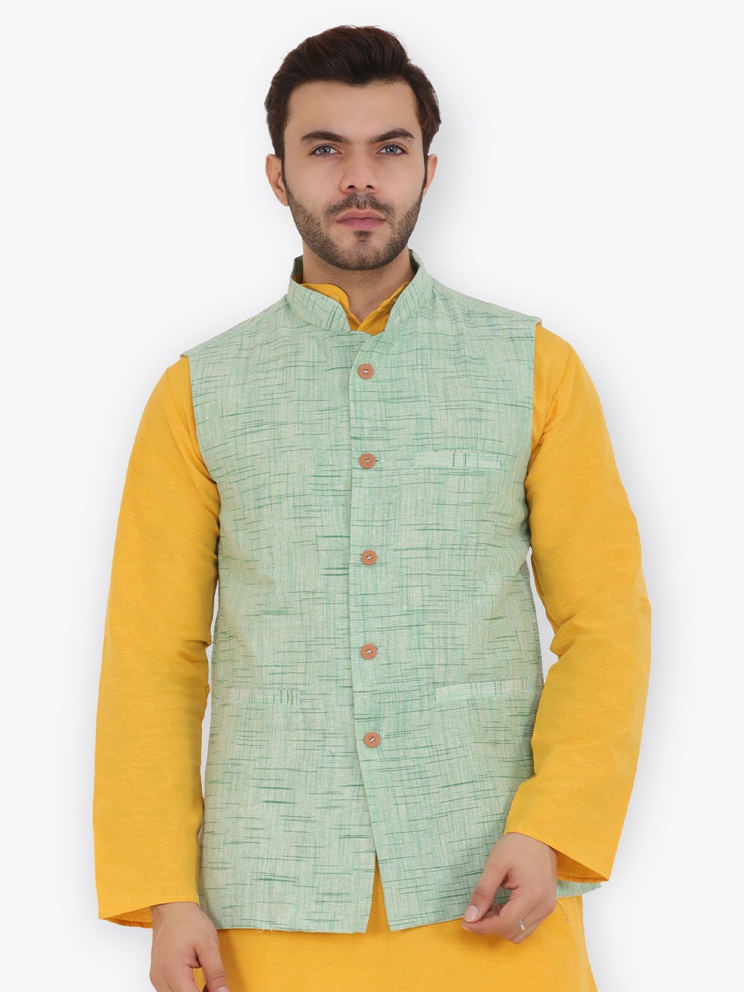 

Latest Chikan Garments Self Design Mandarin Collar Nehru Jacket, Green