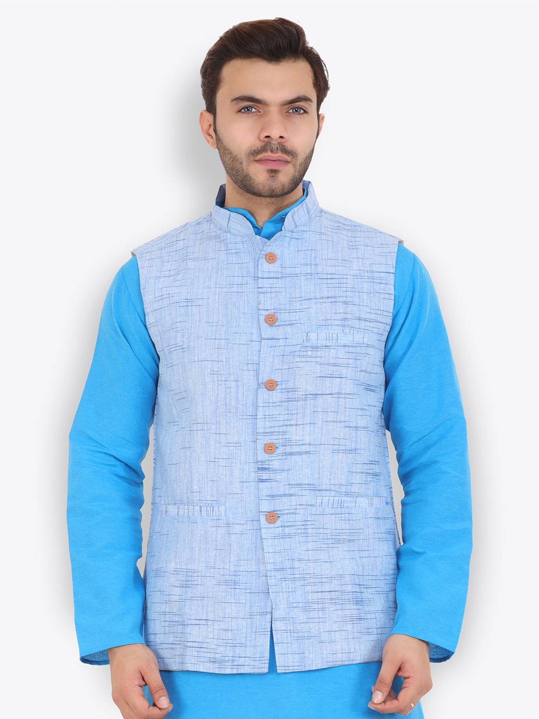 

Latest Chikan Garments Self Design Mandarin Collar Nehru Jacket, Blue