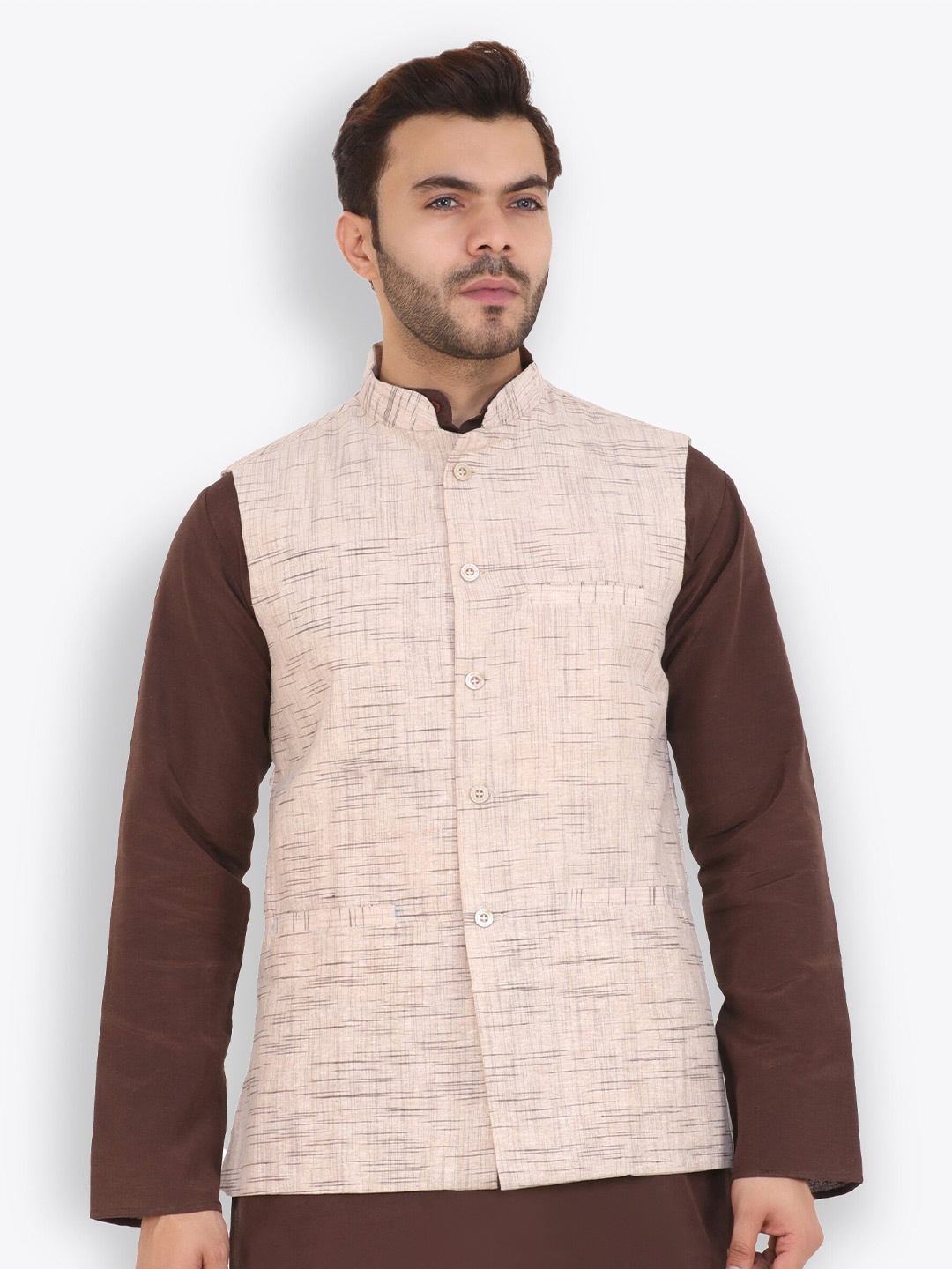 

Latest Chikan Garments Self Design Mandarin Collar Nehru Jacket, Beige