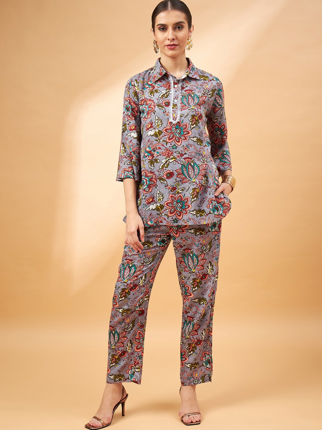 

DressBerry Grey Floral Printed Tunic With Trousers Co-Ords