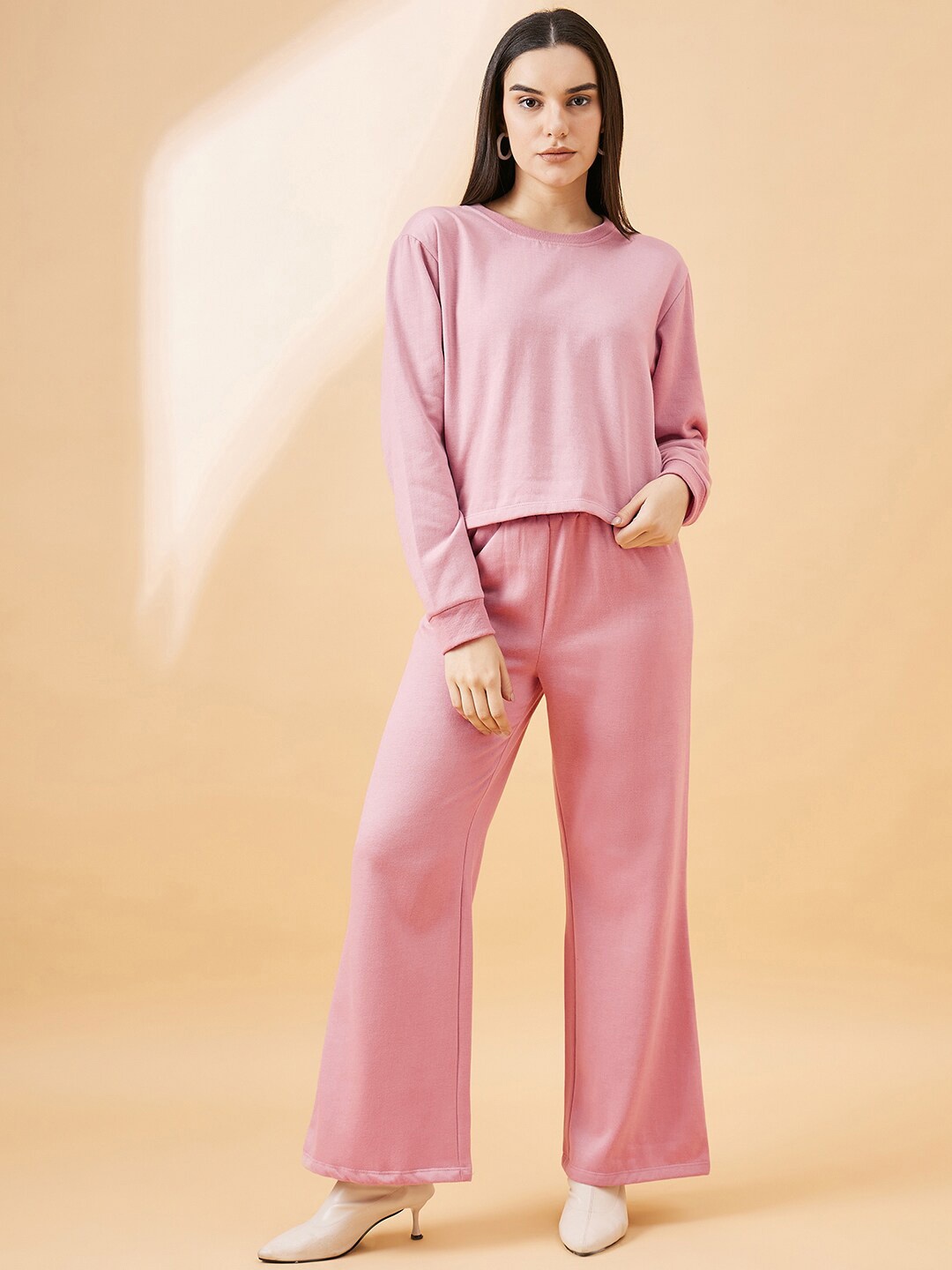 

DressBerry Pink Round Neck Sweatshirt With Mid-Rise Trousers