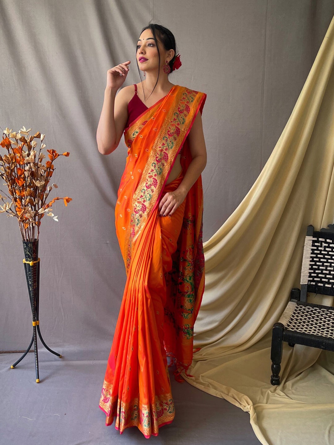 

LeeliPeeri Designer Woven Design Zari Paithani Saree, Orange