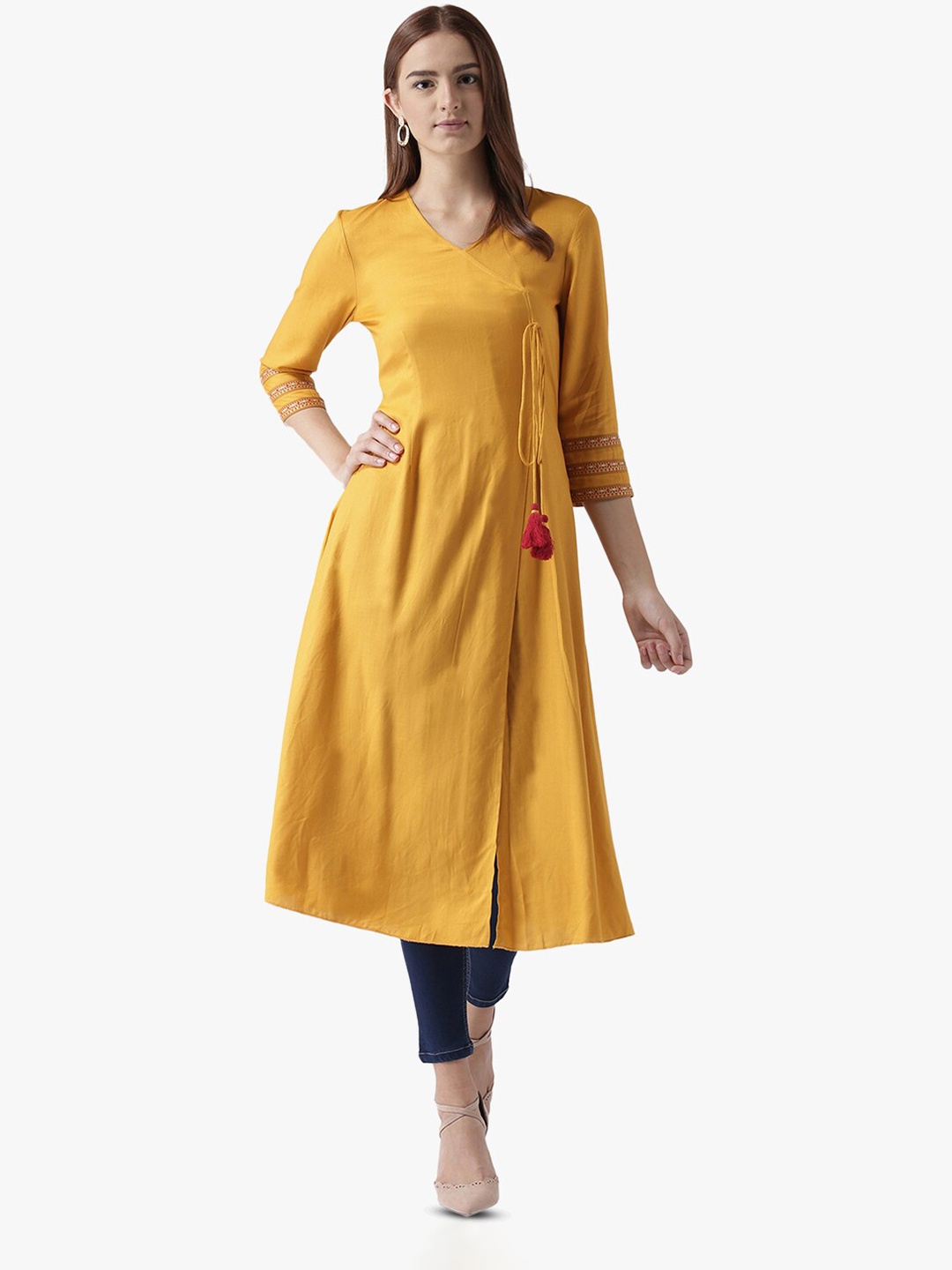 

DODO & MOA Mustard Yellow V-Neck A-Line Kurta