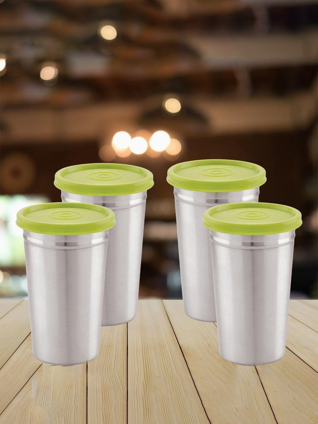 

MAGNUS SilverToned and Green 4 Pieces Easy to Clean Stainless Steel Glass 350ml each, Silver
