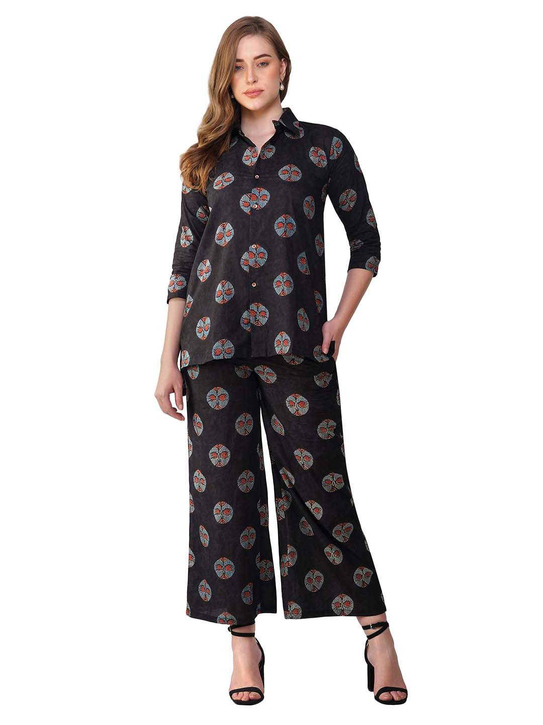 

Sand Dune Floral Printed Pure Cotton Shirt With Trouser, Black