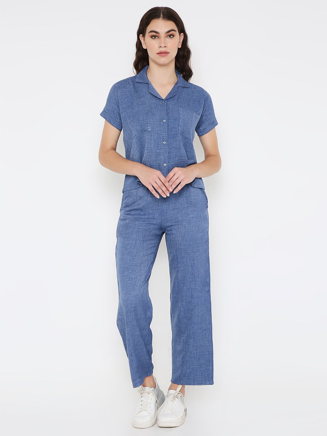 

Sand Dune Shirt Collar Linen Shirt With Trousers, Blue