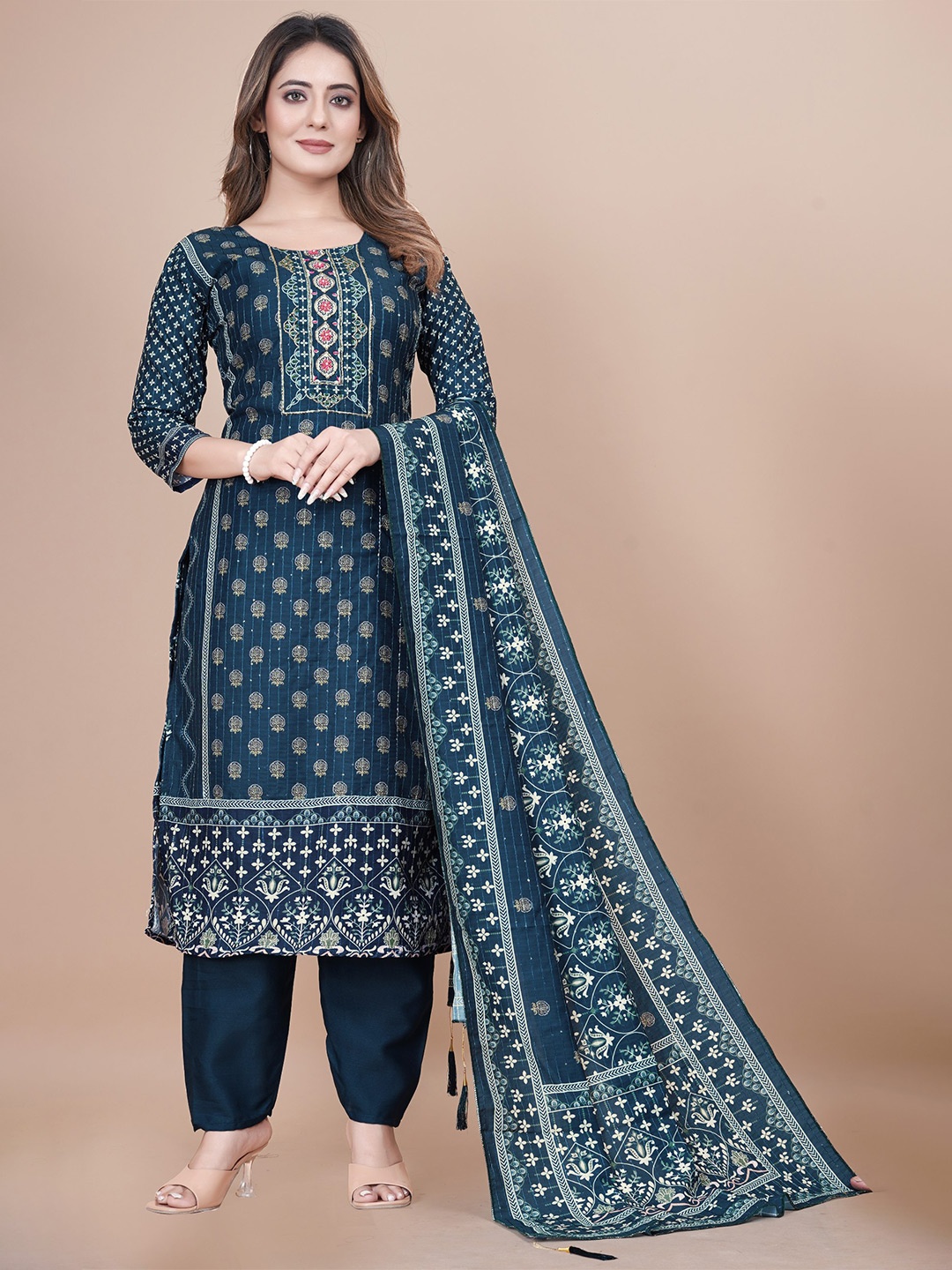 rashora Floral Print Georgette A-Line Three-Quarter Dress, Green