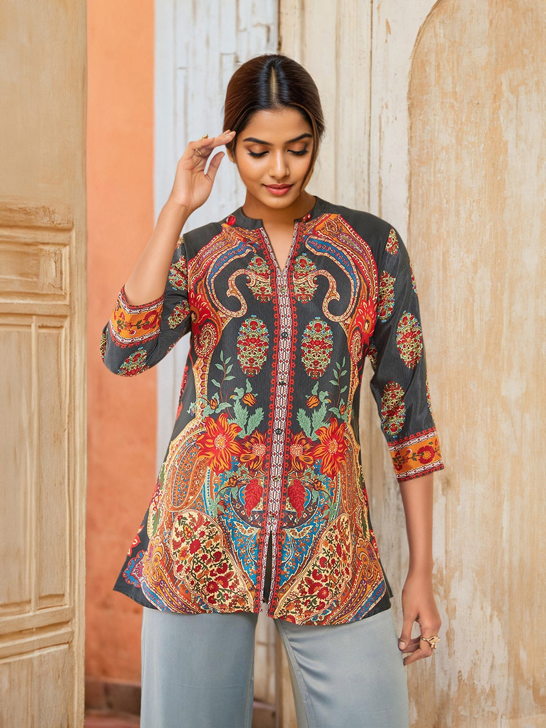 

Soch Charcoal Ethnic Motifs Printed Modal Tunic