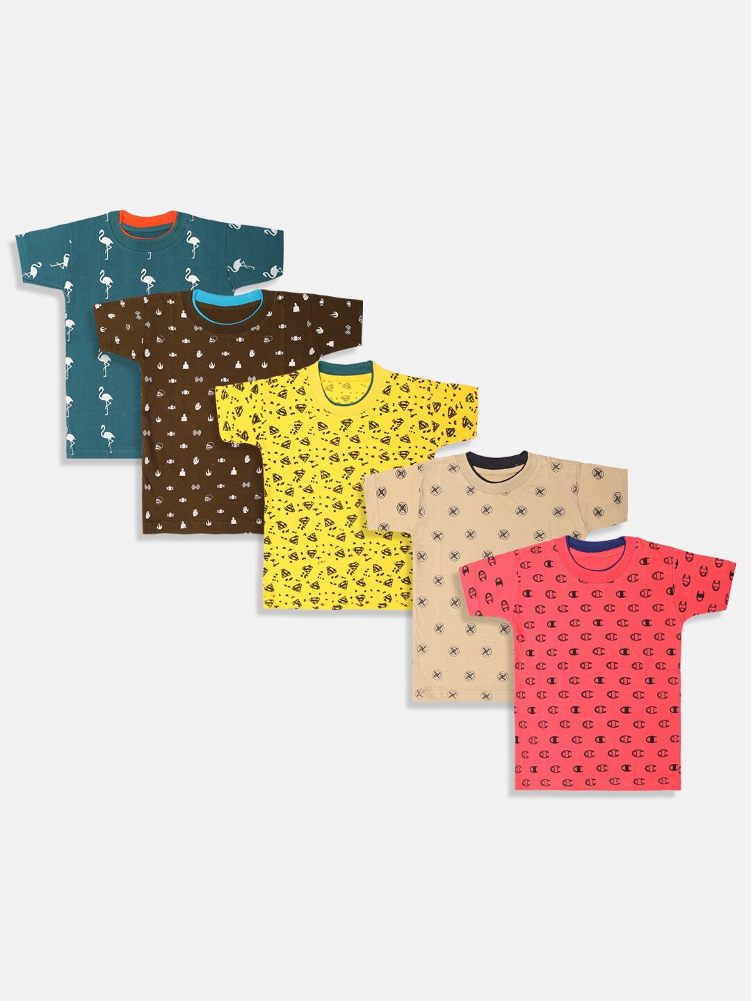 

MANZON Kids Pack of 5 Conversational Print Pure Cotton T-shirt, Pink
