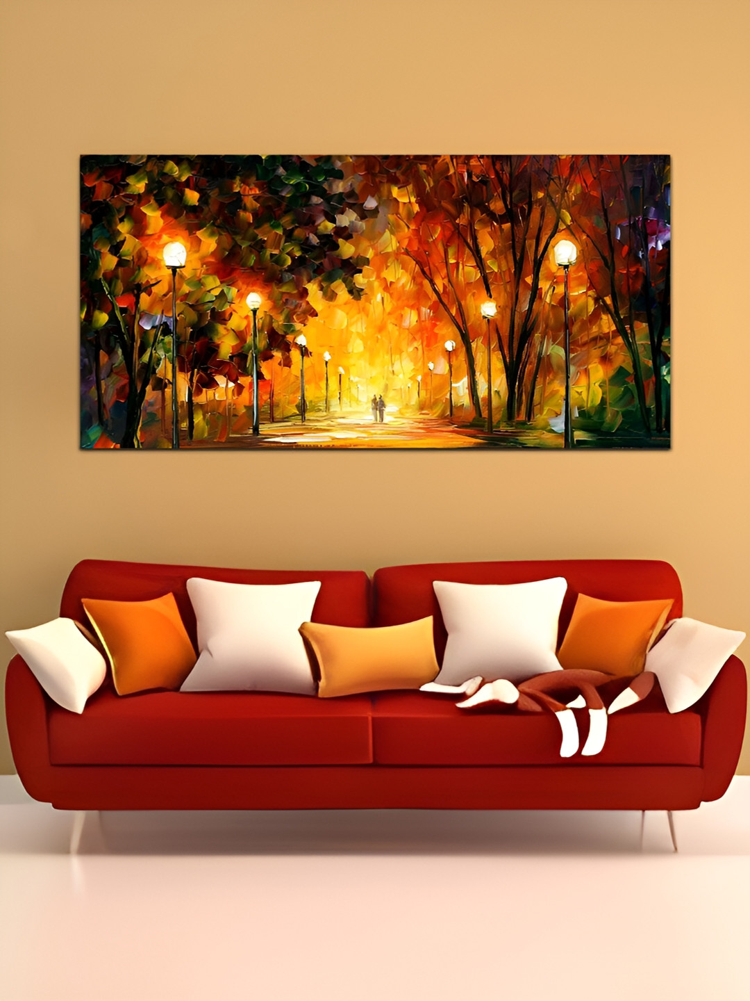 

MITHILA Handicrafts Orange Rain Street Night Lover Landscape Canvas Painting Wall Art