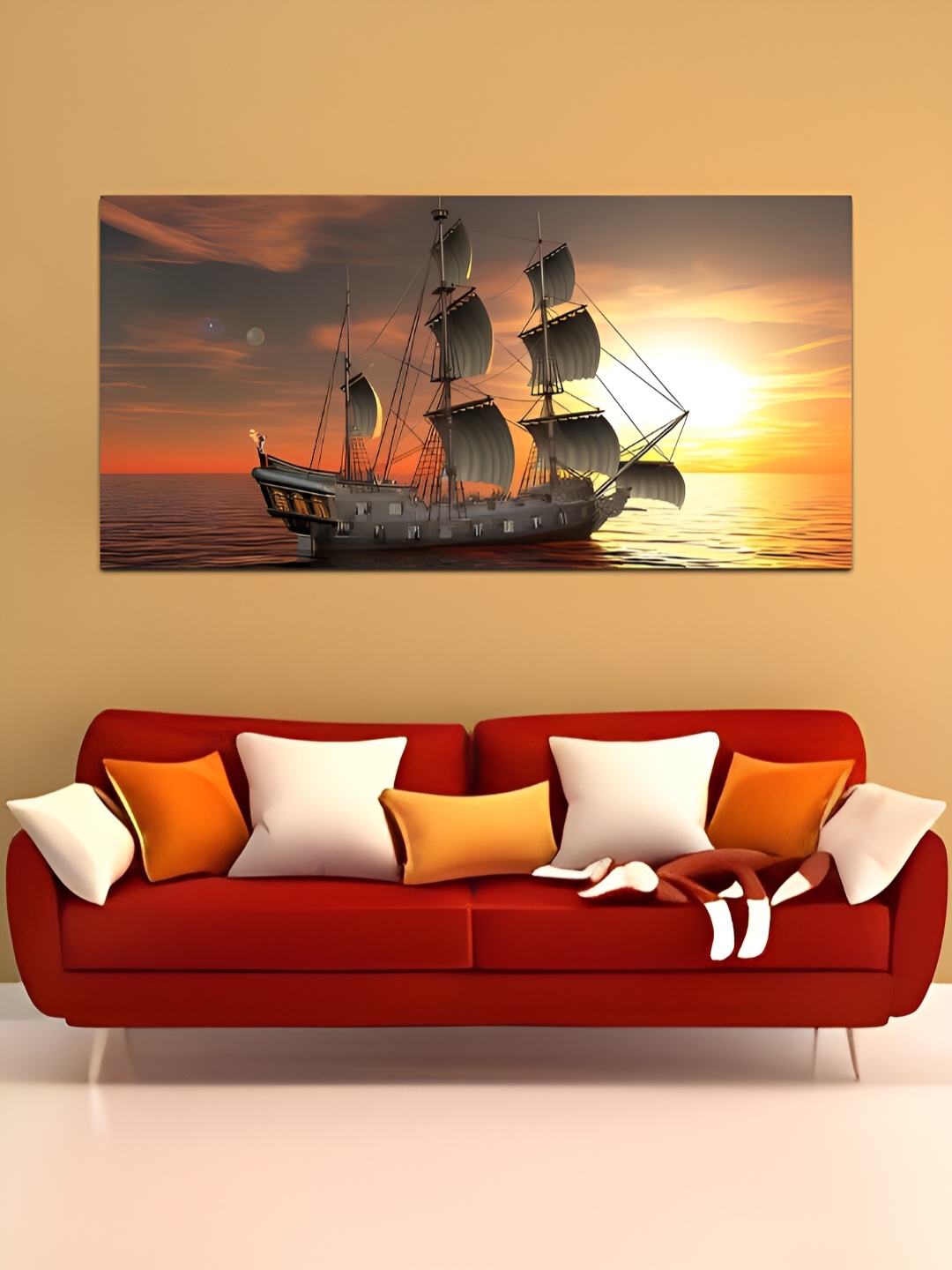 

MITHILA Handicrafts Yellow & Grey Boat Evening View Canvas Painting Wall Art