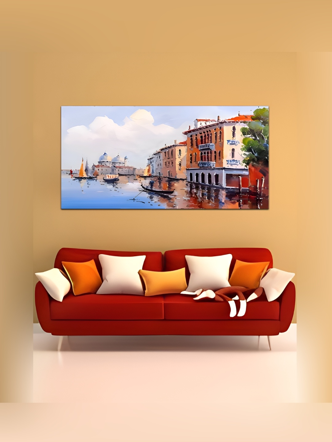 

MITHILA Handicrafts White & Blue Italian Coast Landscape Canvas Painting Wall Art