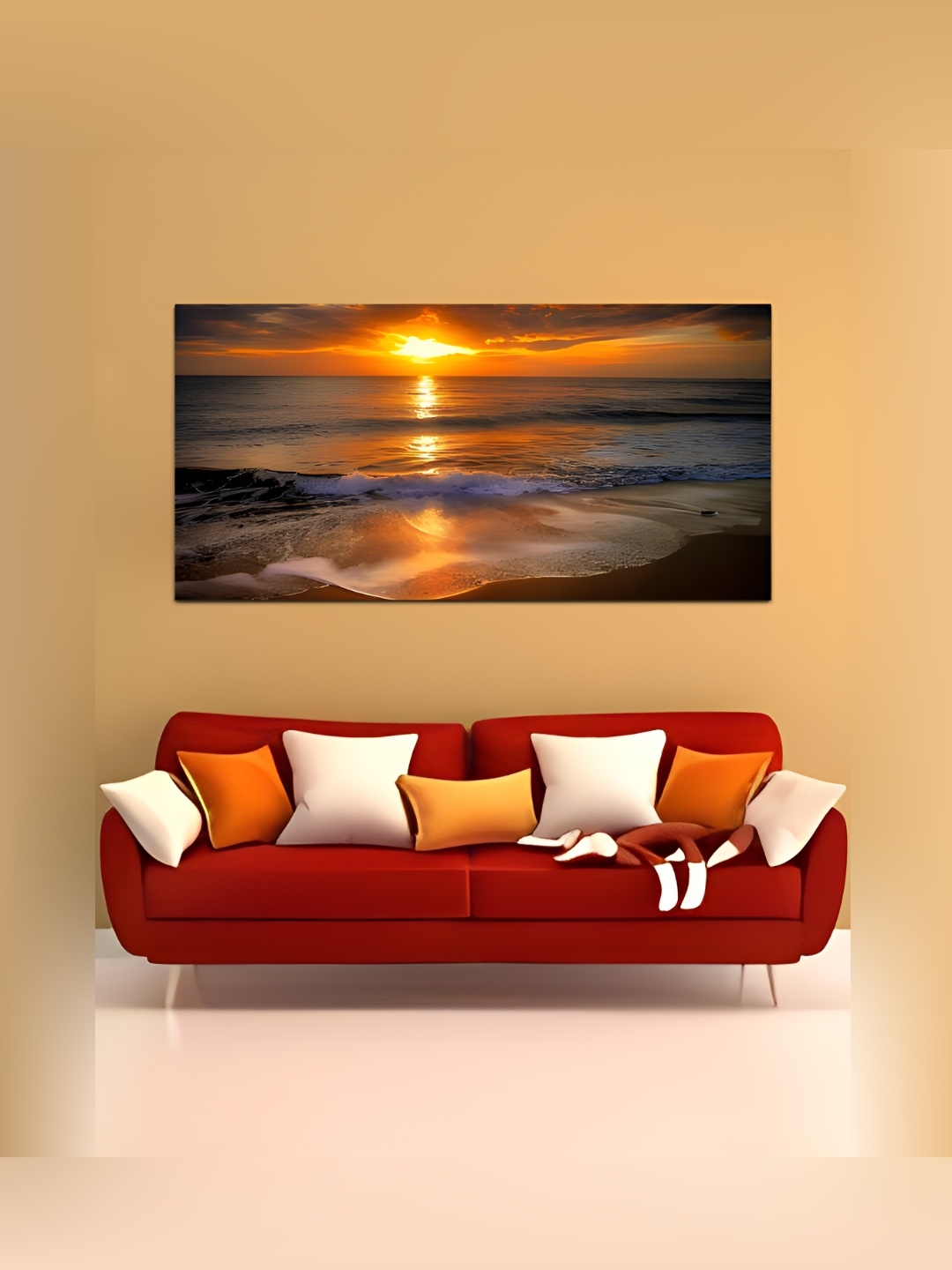 

MITHILA Handicrafts Orange & White Beautiful Beach Sunset Canvas Painting Wall Art