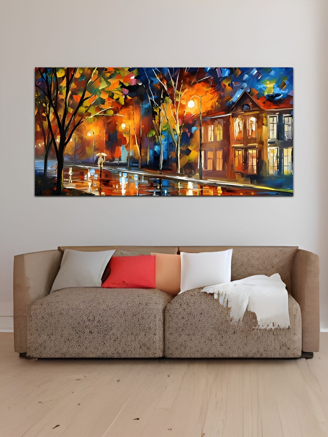 

MITHILA Handicrafts Orange & Blue Beautiful Night City Canvas Painting Wall Art