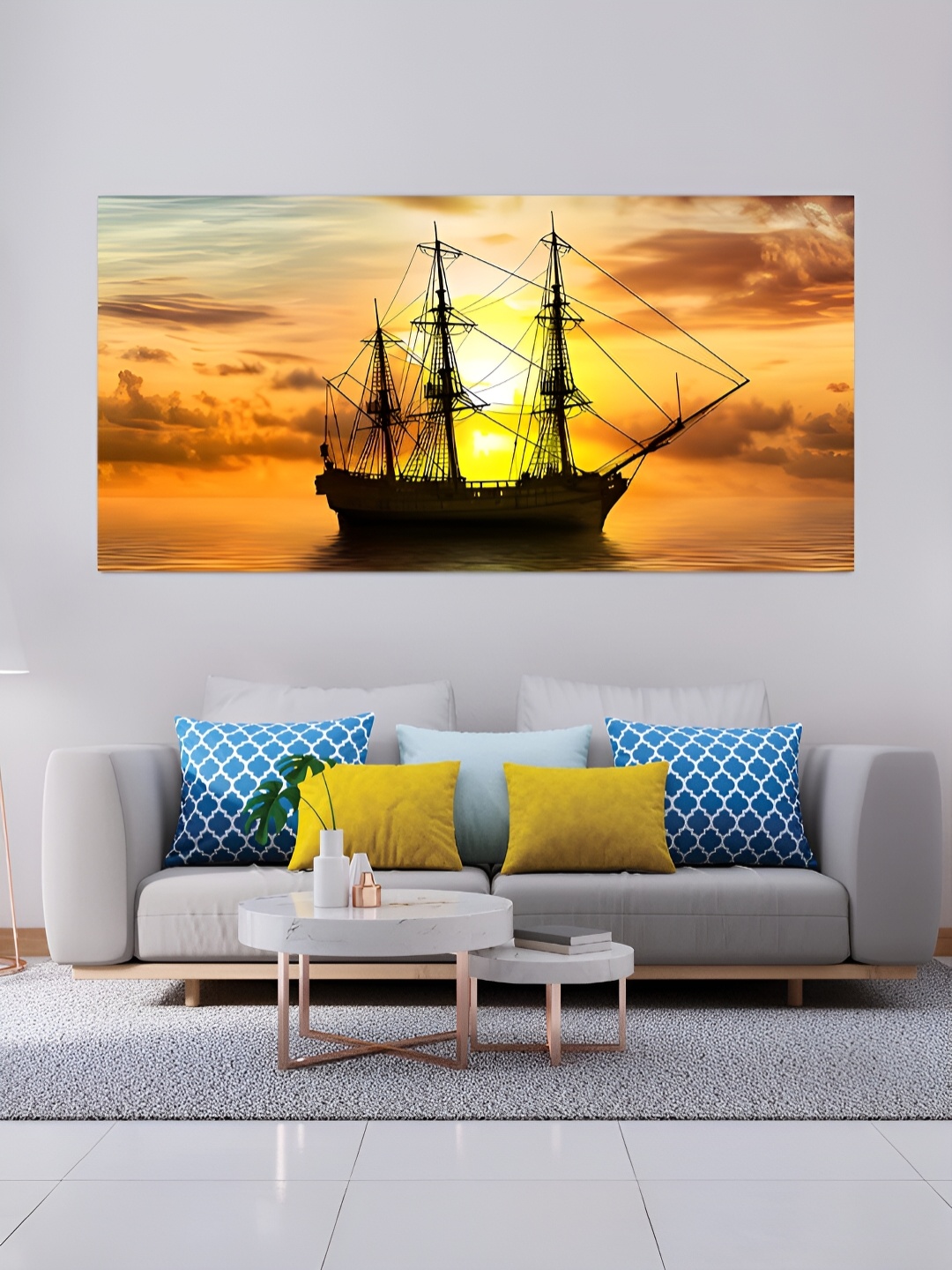 

MITHILA Handicrafts Yellow Sailing Ship Beautiful Golden Sunset Canvas Painting Wall Art