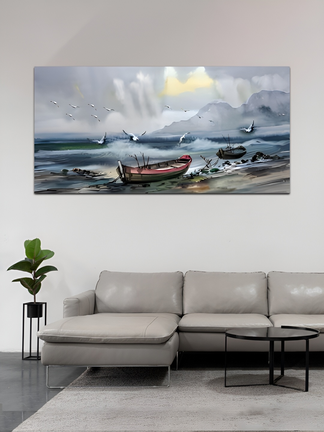 

MITHILA Handicrafts Grey & White Picture Of An Old Fishing Boat Canvas Painting Wall Art
