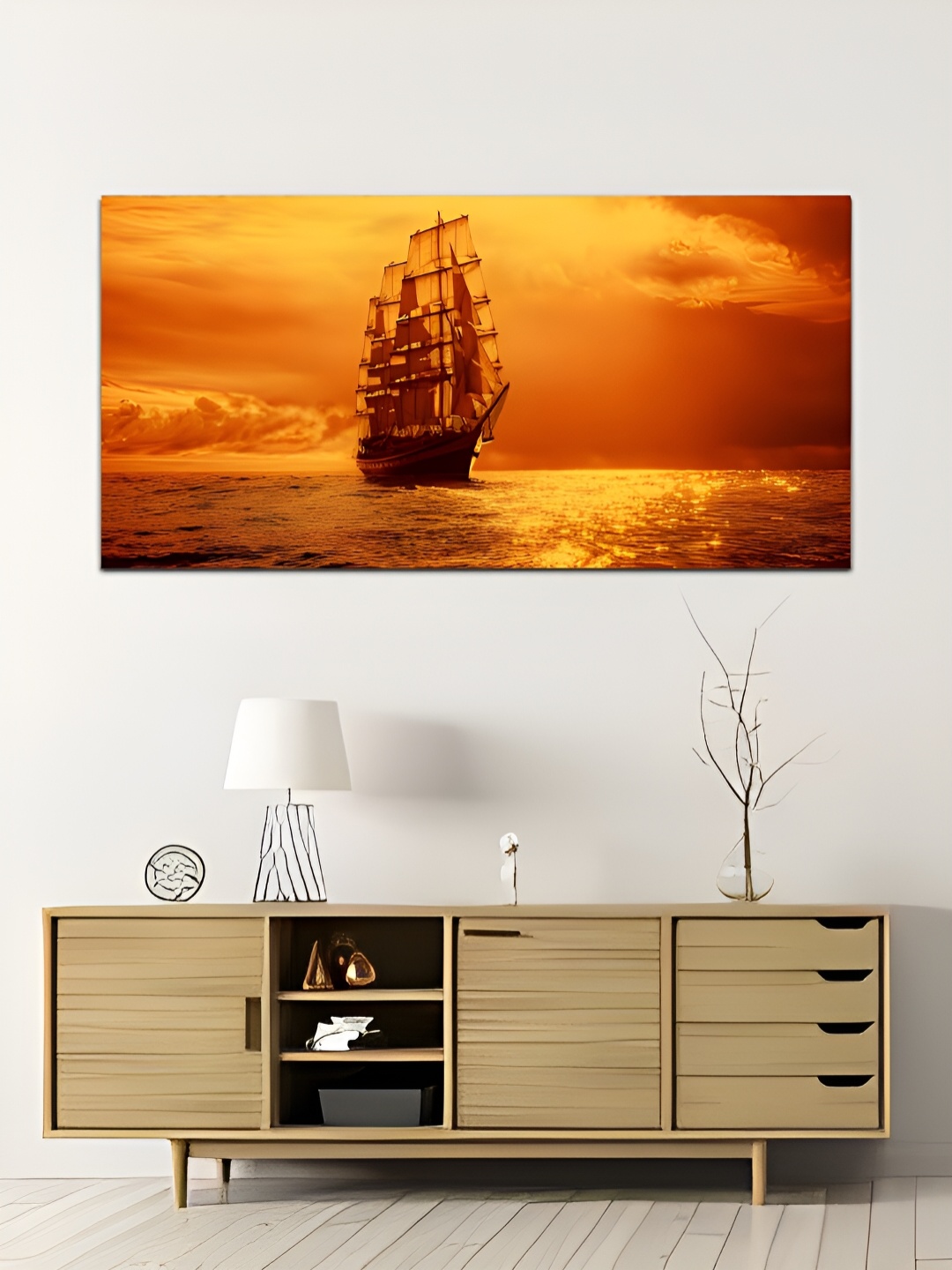 

MITHILA Handicrafts Orange Sailing Ship Beautiful Golden Sunset Canvas Painting Wall Art