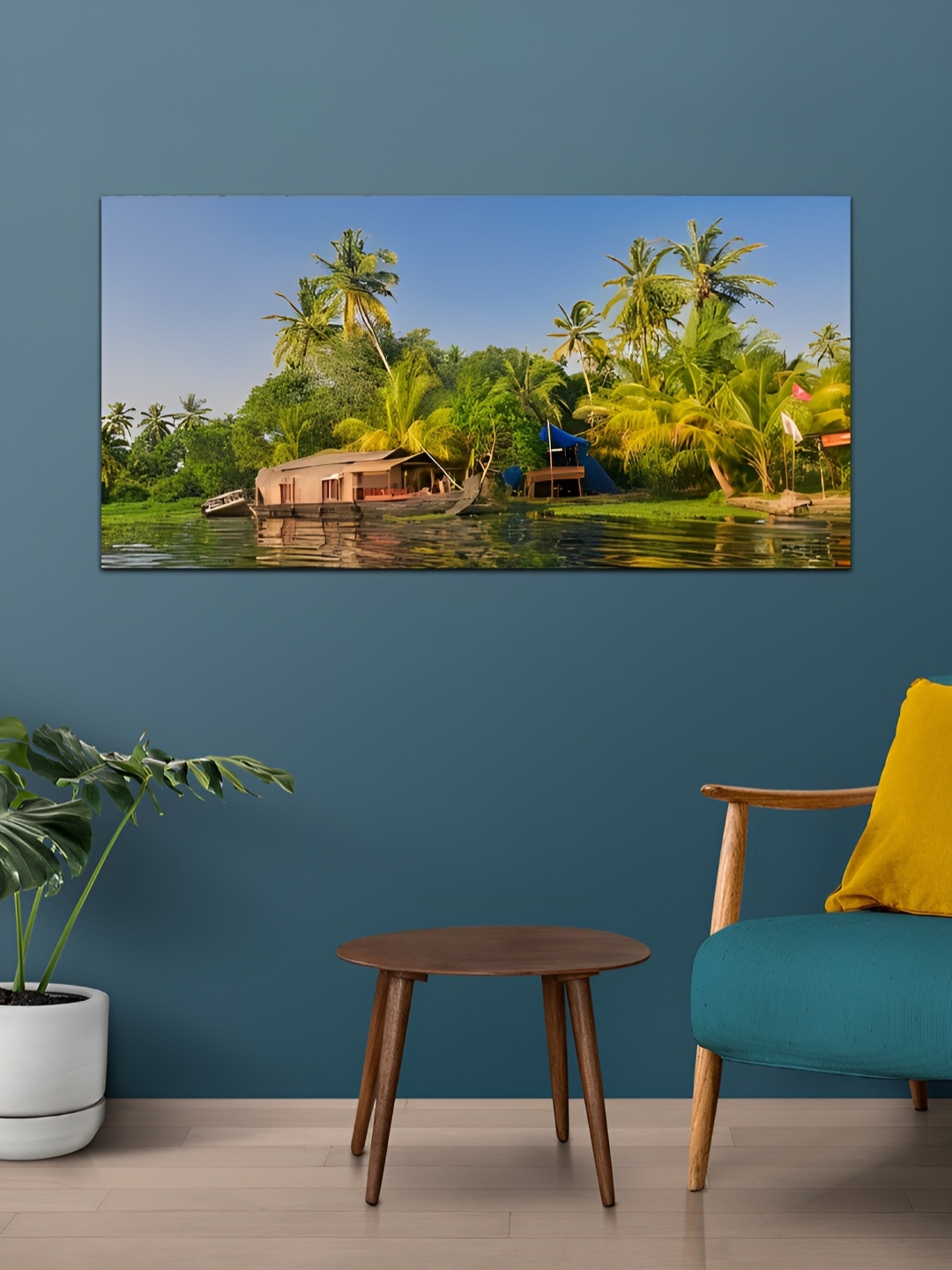 

MITHILA Handicrafts Green House boat In The Backwaters of Kerala Canvas Painting Wall Art