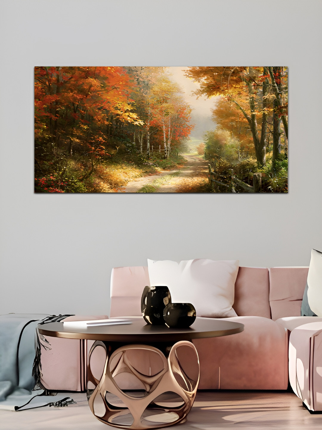 

MITHILA Handicrafts Green & Orange Forest With Leaves Canvas Painting Wall Art