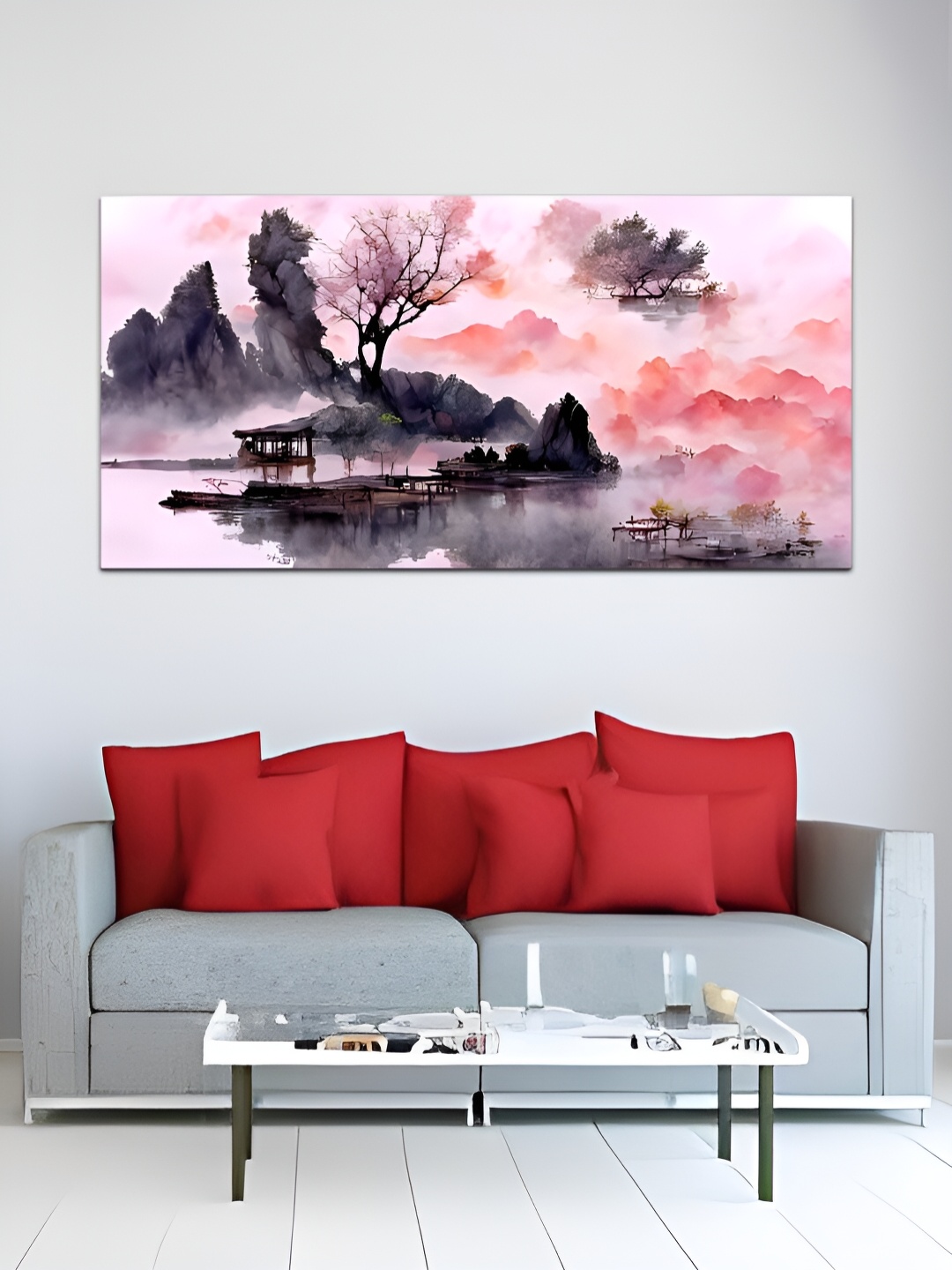 

MITHILA Handicrafts Pink & Black Beautiful Lake View Canvas Painting Wall Art