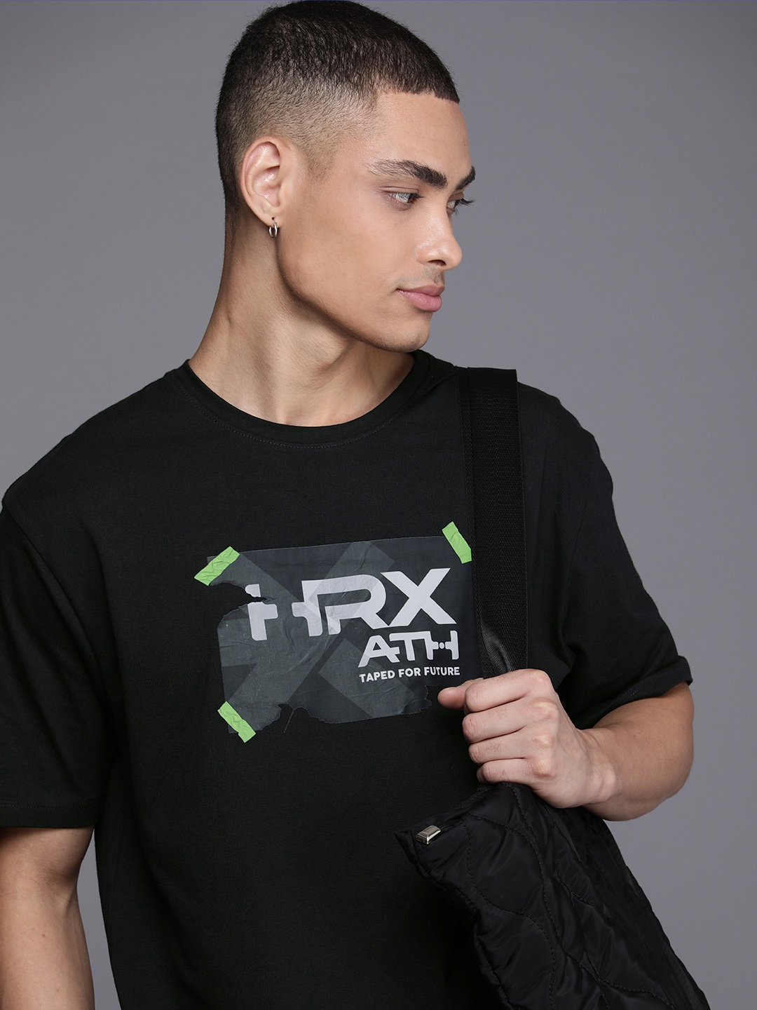 

HRX by Hrithik Roshan Taped Brand Logo Printed Pure Cotton T-shirt, Black
