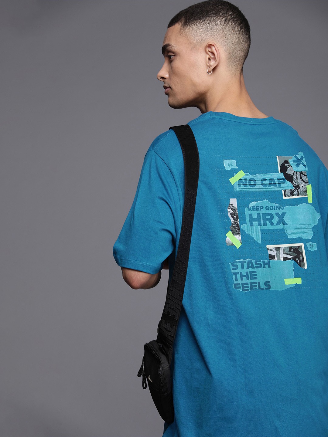 

HRX by Hrithik Roshan Taped Brand Logo Printed Pure Cotton T-shirt, Blue