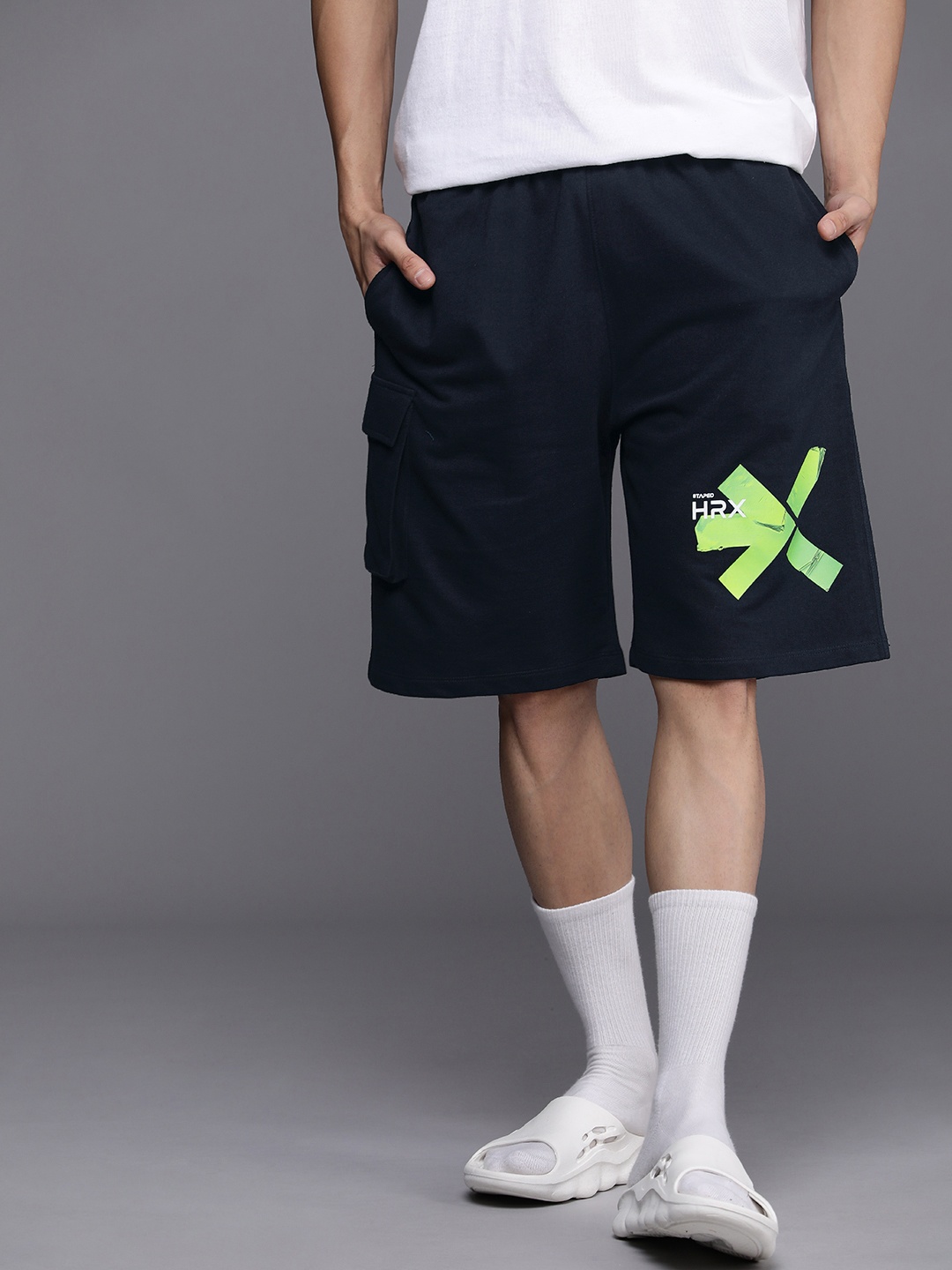 

HRX by Hrithik Roshan Taped Men Mid Rise Relaxed Fit Printed Regular Shorts, Navy blue