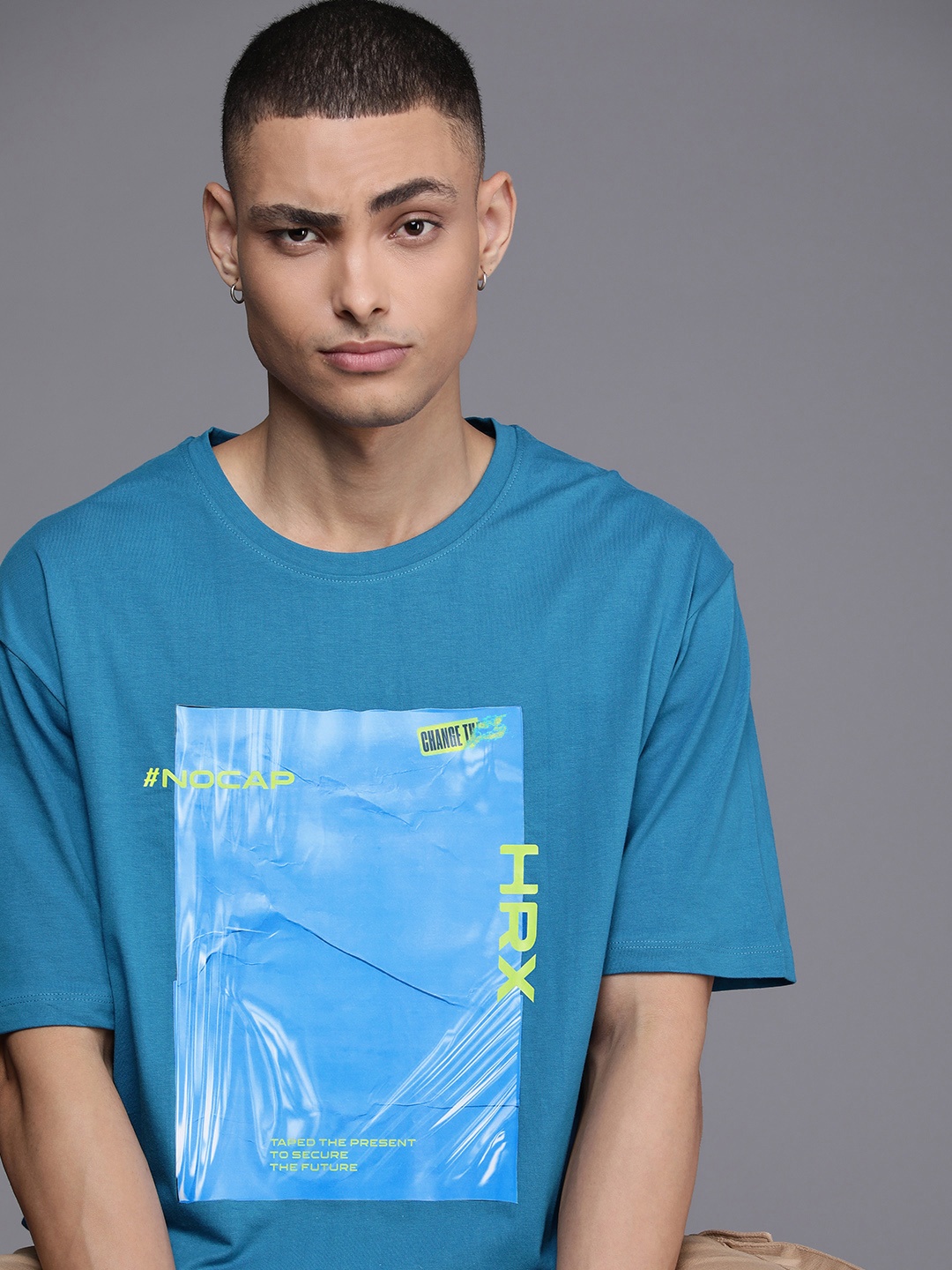 

HRX by Hrithik Roshan Taped Pure Cotton Relaxed Fit Printed Drop-Shoulder Sleeves T-shirt, Blue