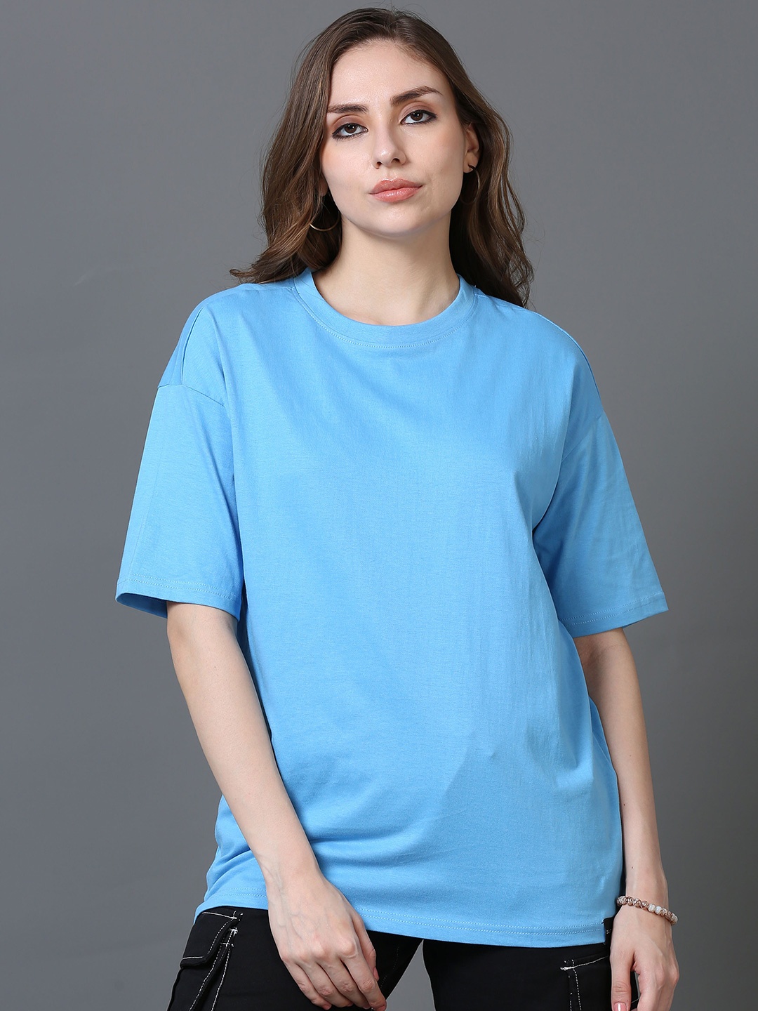 

SILISOUL Drop-Shoulder Sleeves Boyfriend Fit T-shirt, Blue