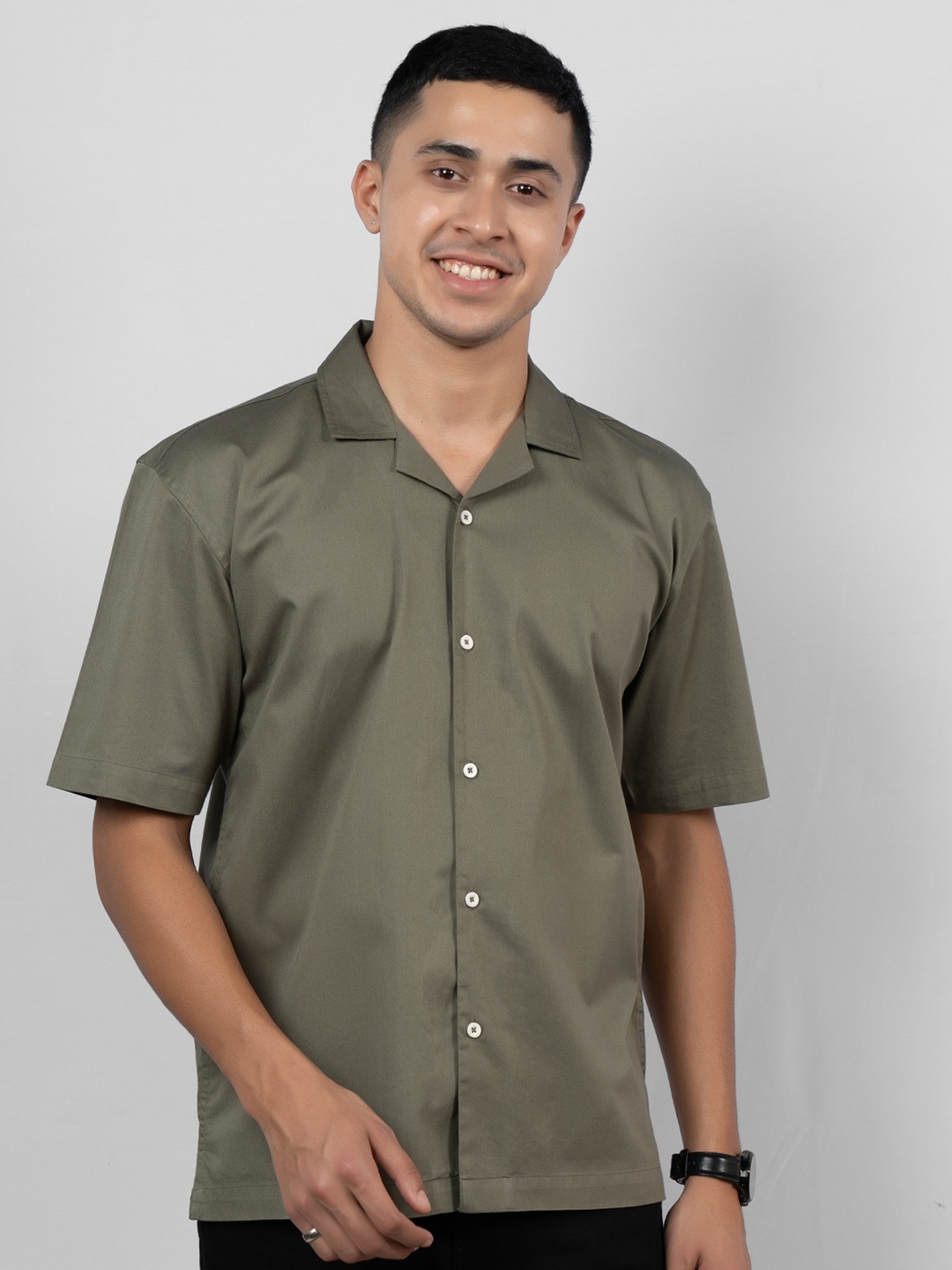 

Wellbi Comfort Cuban Collar Pure Cotton Casual Shirt, Green