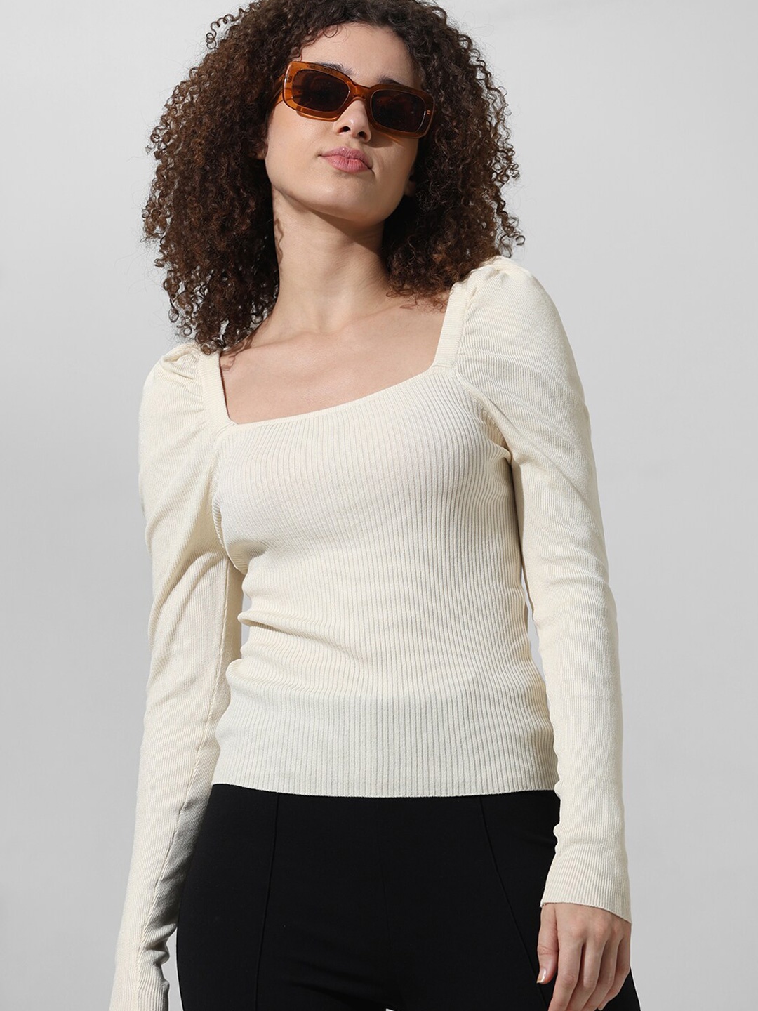 

ONLY Ribbed Square Neck Puff Sleeves Fitted Top, Off white